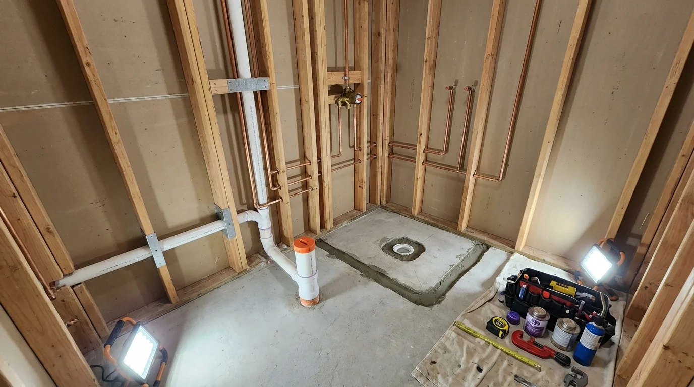 Bathroom rough-in plumbing during remodel by Johns Plumbing LLC in Mona