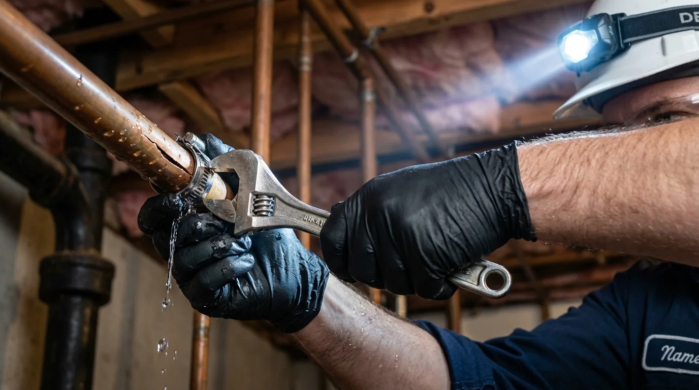 Emergency pipe clamp repair being performed by a Johns Plumbing LLC plumber in Mona
