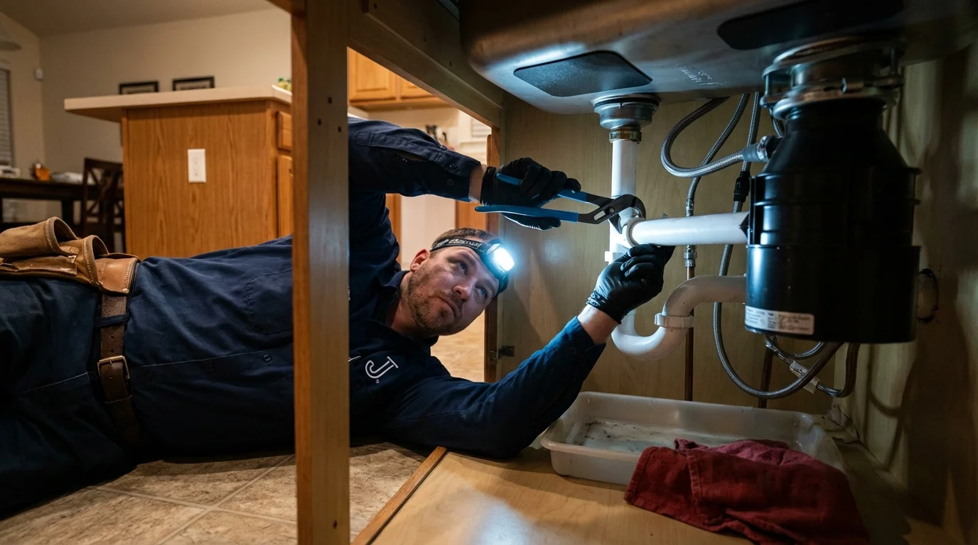 P-trap and supply line connections under a kitchen sink showing a common leak point in Mona, UT